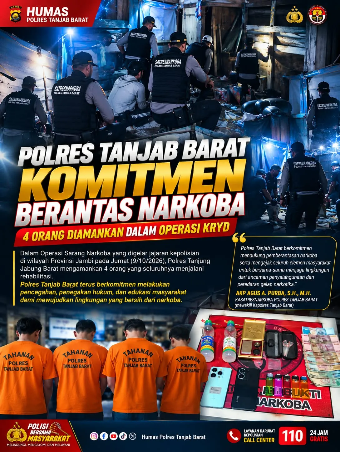 SATRESNARKOBA POLRES TANJAB BARAT TEGAS BERANTAS SARANG NARKOBA, 4 ORANG DIAMANKAN DALAM OPERASI KRYD